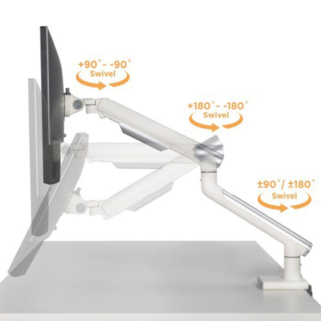 Modern metal single monitor premium slim aluminium spring-assisted monitor arm with usb ports color swatches.