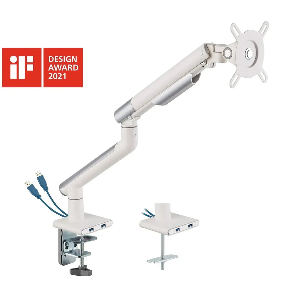 Modern metal single monitor premium slim aluminium spring-assisted monitor arm with usb ports in white background.