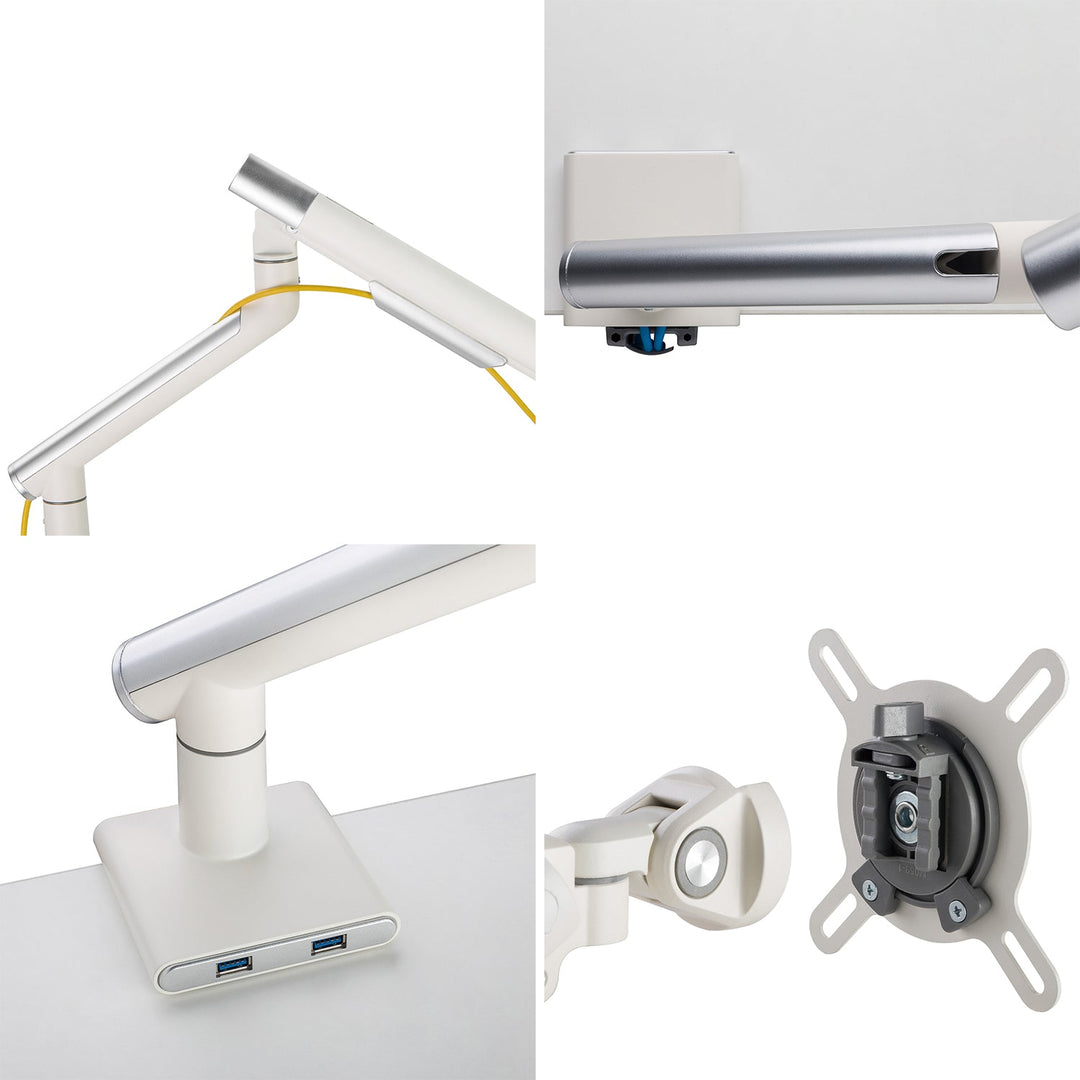 Modern metal single monitor premium slim aluminium spring-assisted monitor arm with usb ports conceptual design.