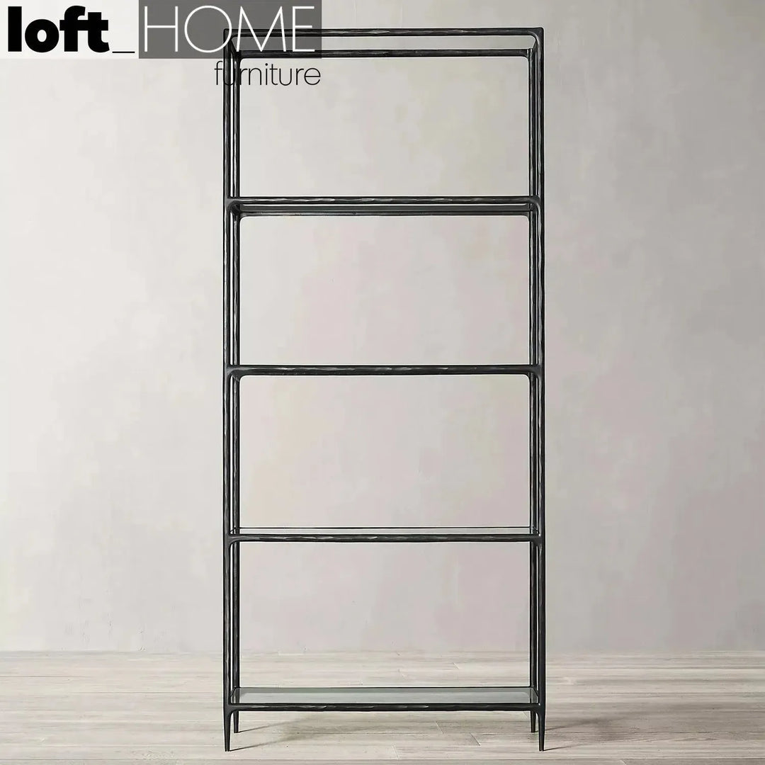 Minimalist metal tempered glass display shelf thaddeus in close up details.