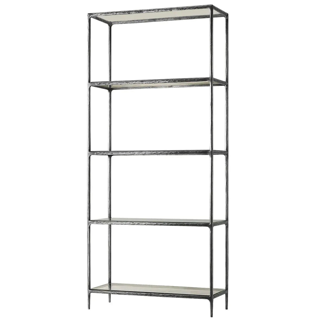 Minimalist metal tempered glass display shelf thaddeus layered structure.