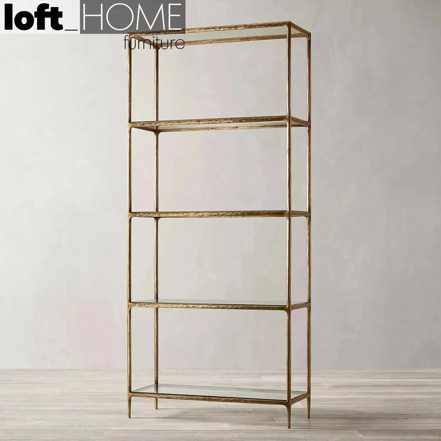 Minimalist metal tempered glass display shelf thaddeus in panoramic view.