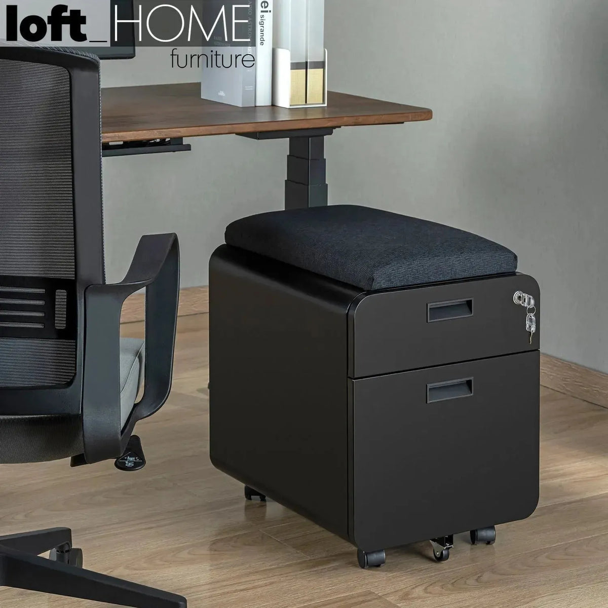 Modern metal two drawer locking mobile file cabinet with seat in close up details.