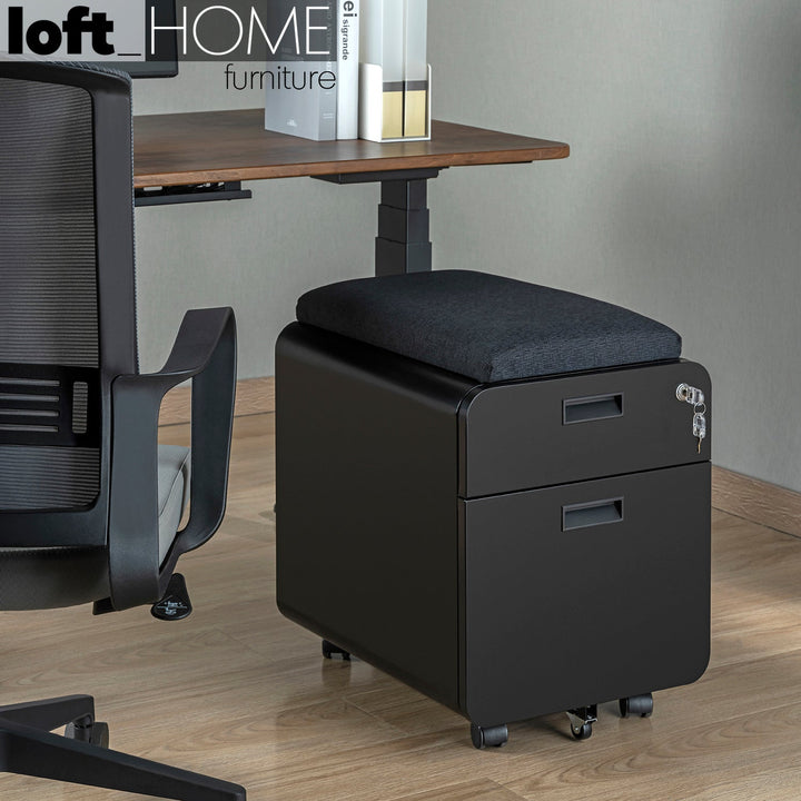 Modern metal two drawer locking mobile file cabinet with cushion in close up details.