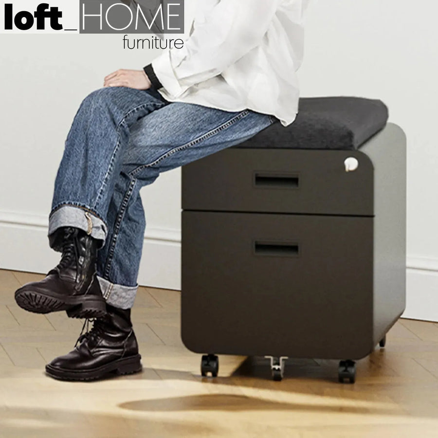 Modern metal two drawer locking mobile file cabinet with seat primary product view.