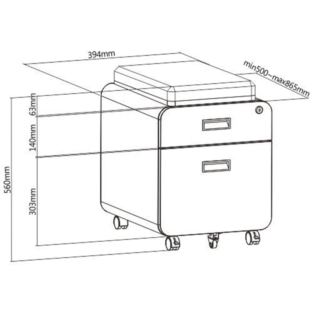 Modern metal two drawer locking mobile file cabinet with cushion size charts.