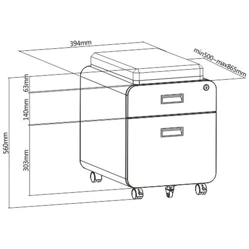 Modern metal two drawer locking mobile file cabinet with seat size charts.