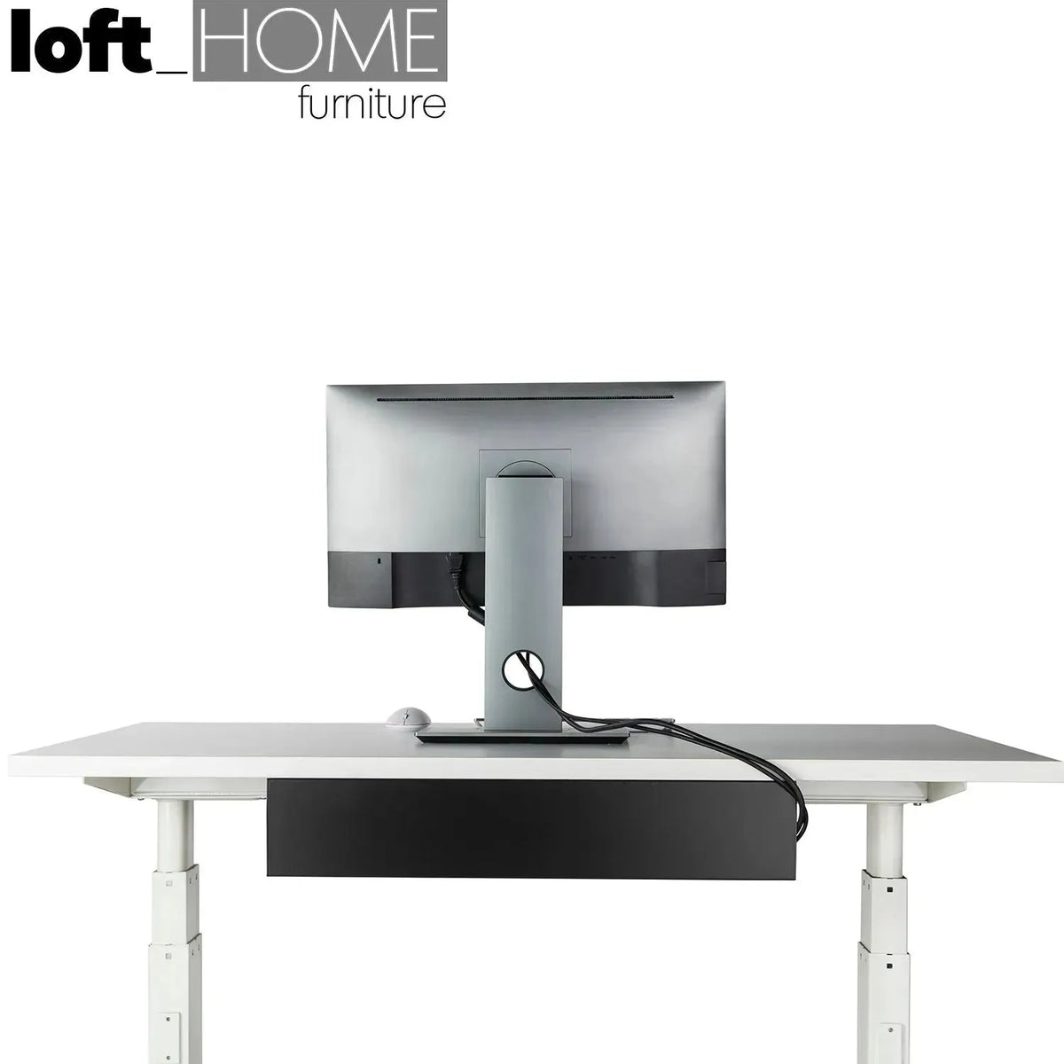 Modern metal under desk cable tray organizer decor in close up details.