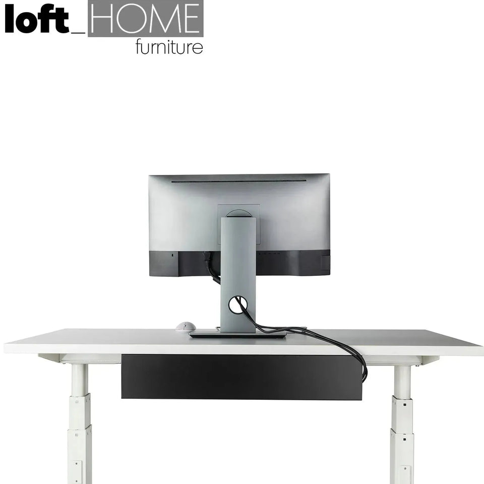 Modern metal under desk cable tray organizer decor in close up details.