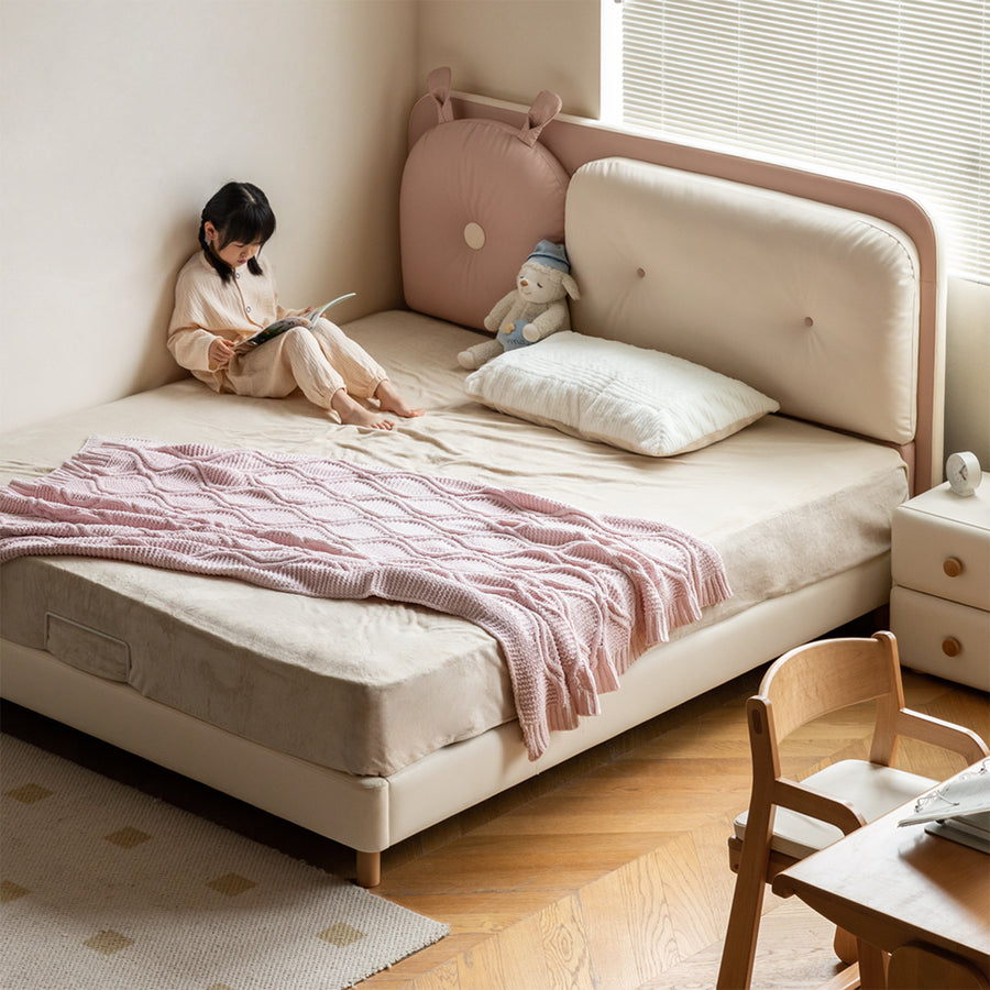 Modern microfiber leather kids bed elora primary product view.