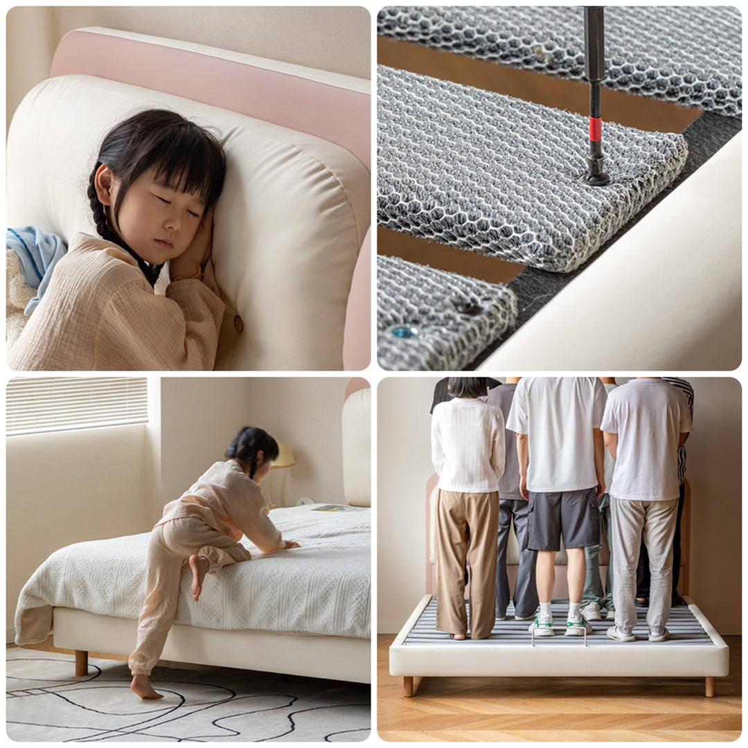 Modern microfiber leather kids bed elora in panoramic view.