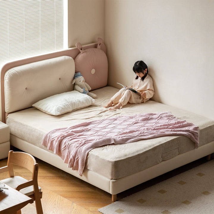 Modern microfiber leather kids bed elora with context.