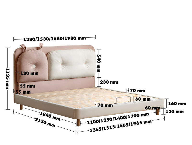 Cream Microfiber Leather Kids Bed ELORA Size Chart