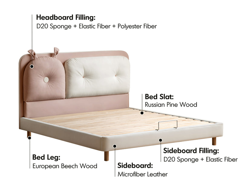Cream Microfiber Leather Kids Bed ELORA Material Details Chart