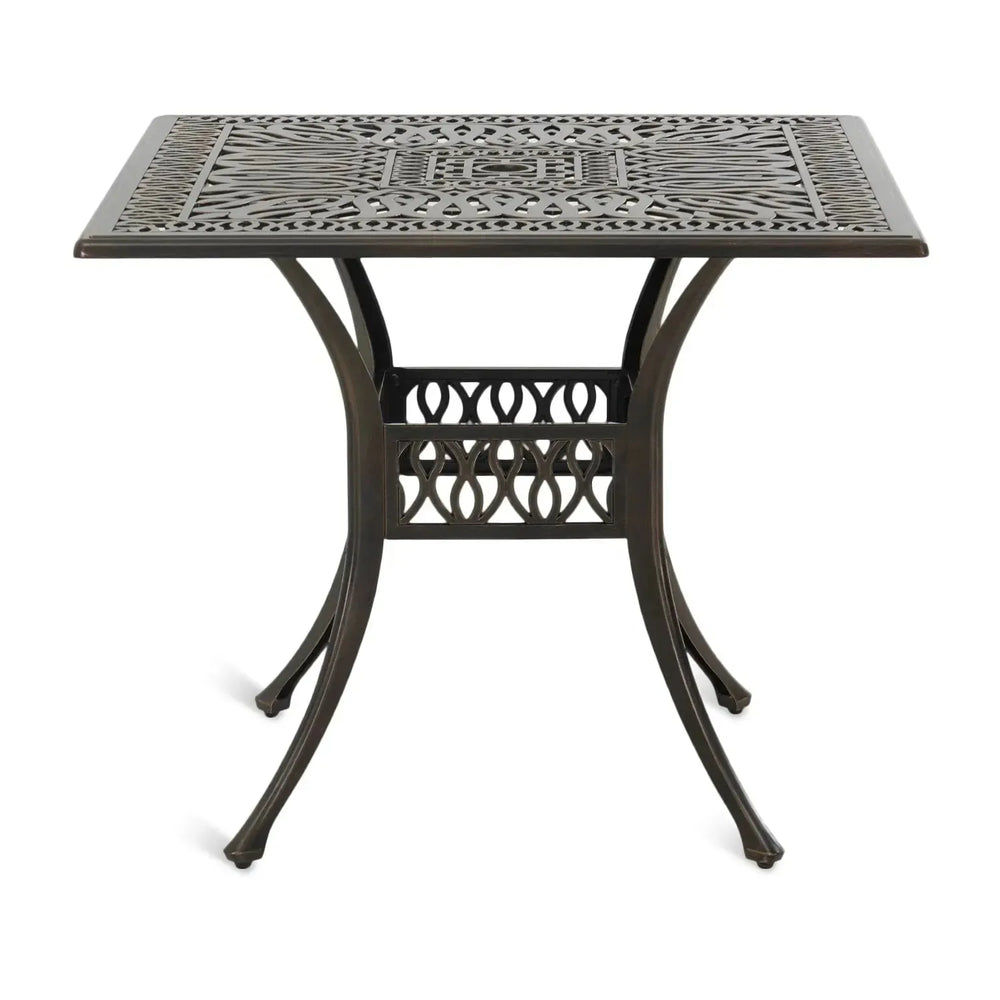 Modern outdoor dining table artistry in white background.