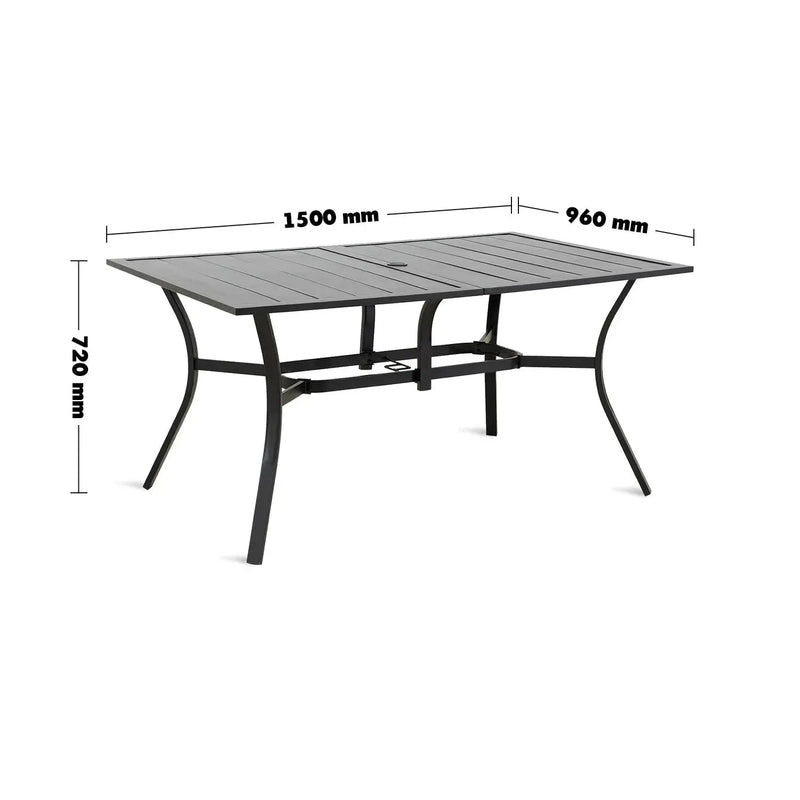 Industrial outdoor dining table patio size charts.