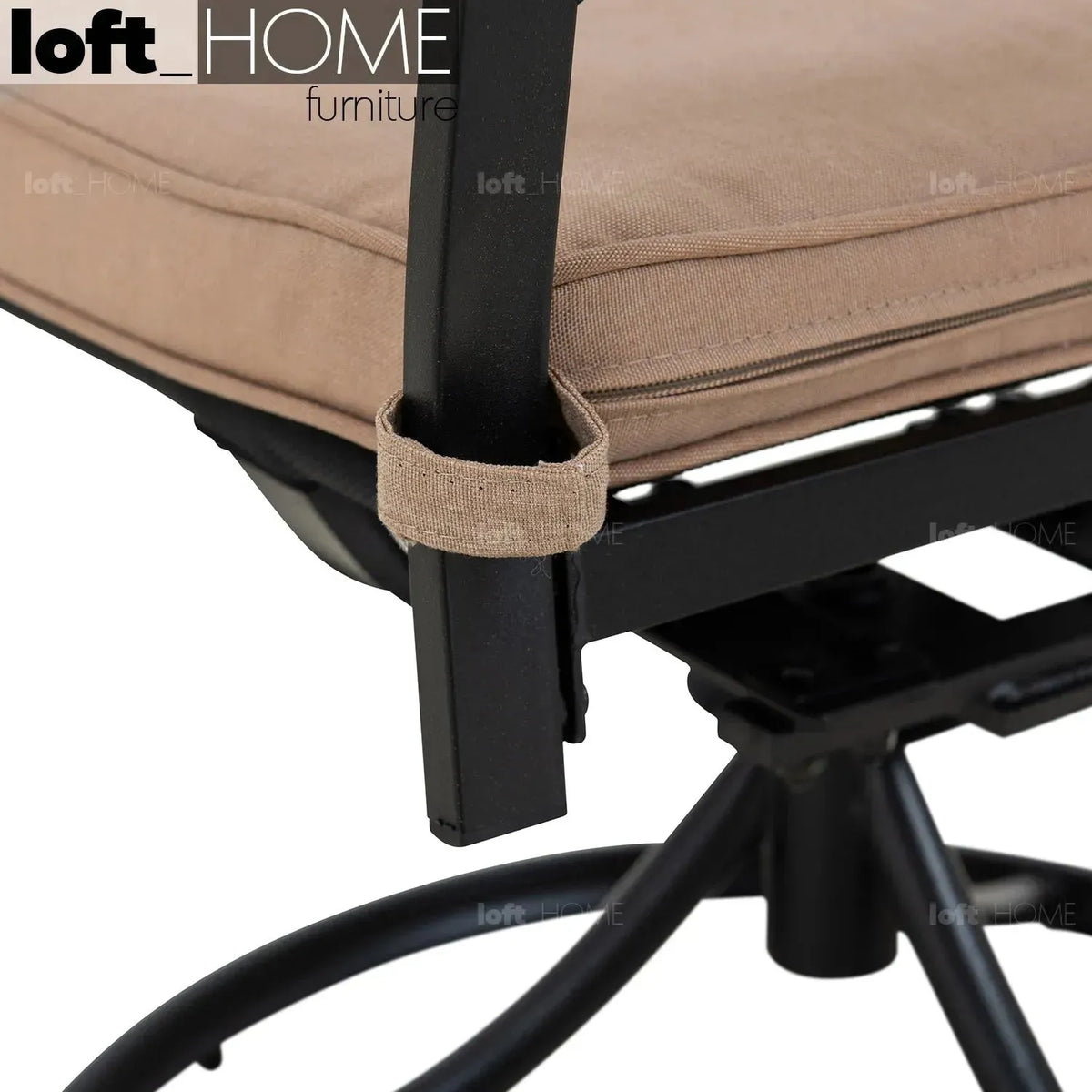 Industrial outdoor revolving dining chair patio in close up details.