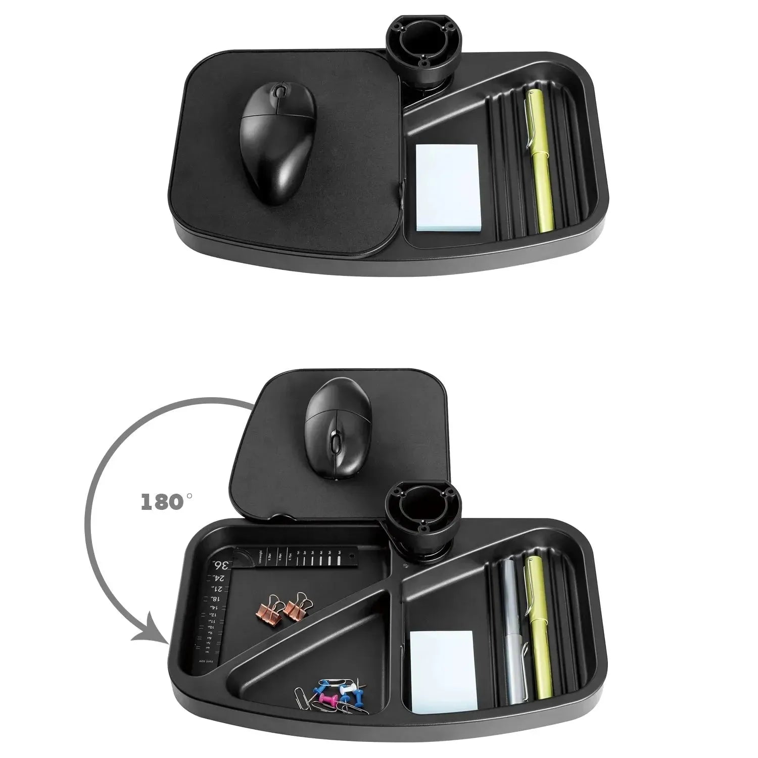 Modern plastic under desk swivel storage tray with mouse platform decor in still life.