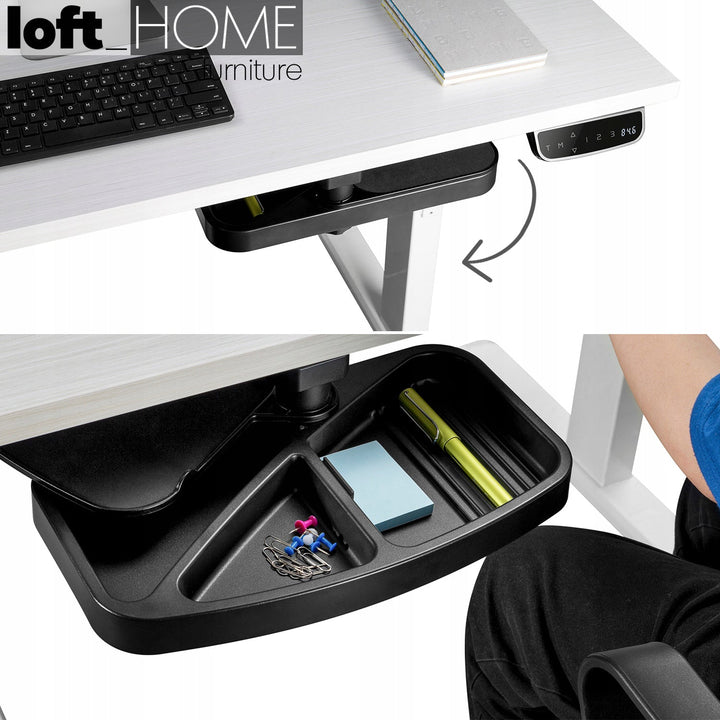 Modern plastic under desk swivel storage tray with mouse platform decor in close up details.