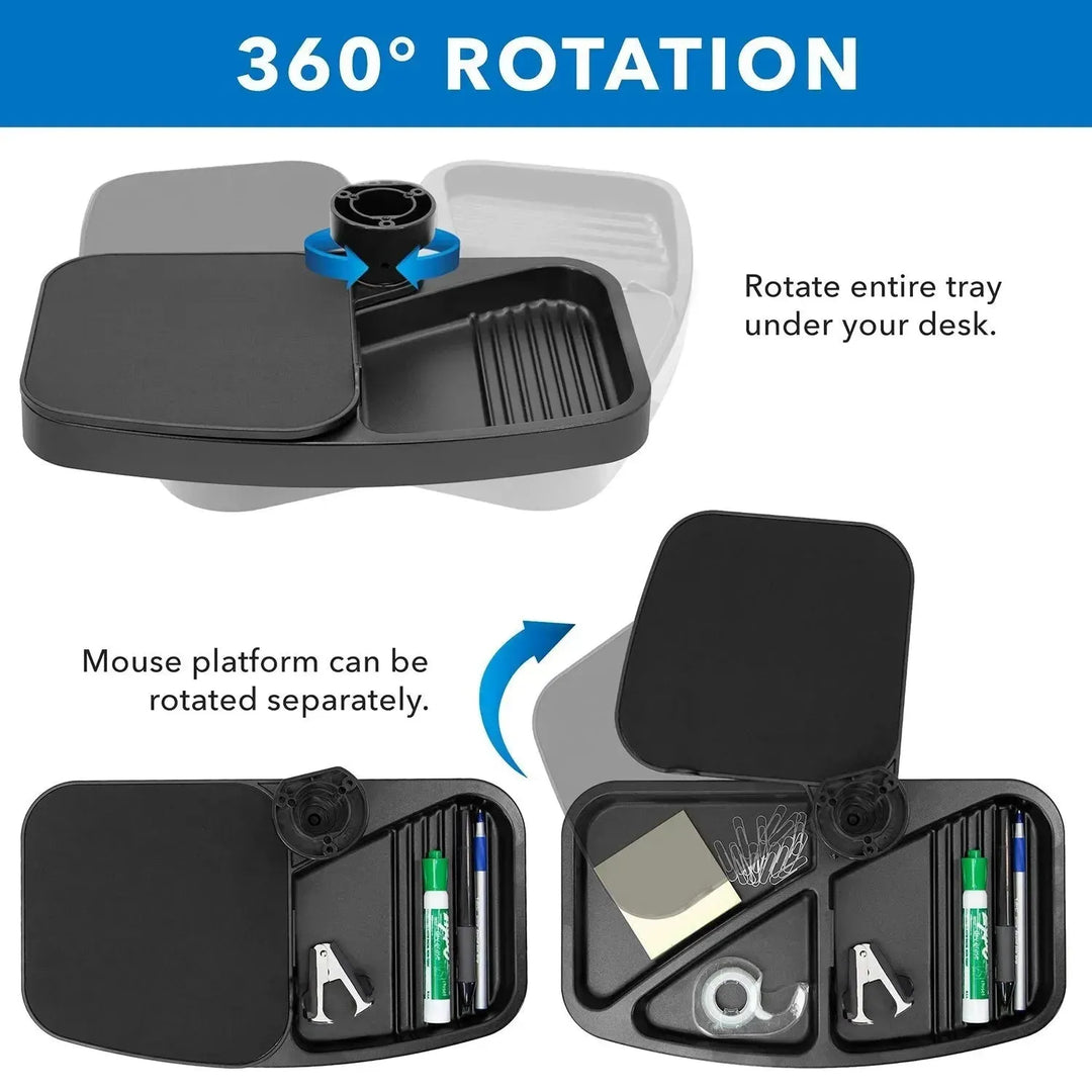 Modern plastic under desk swivel storage tray with mouse platform decor color swatches.