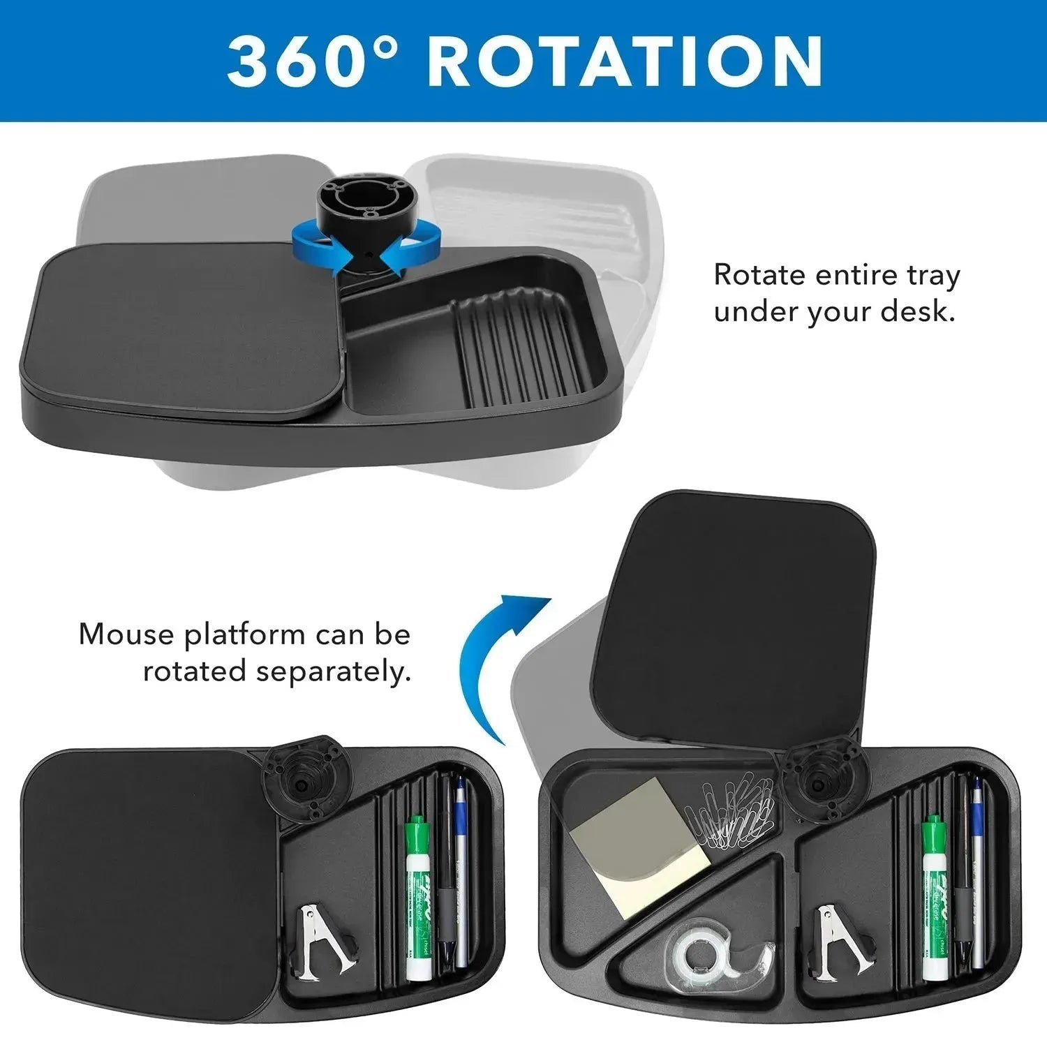 Modern plastic under desk swivel storage tray with mouse platform decor color swatches.