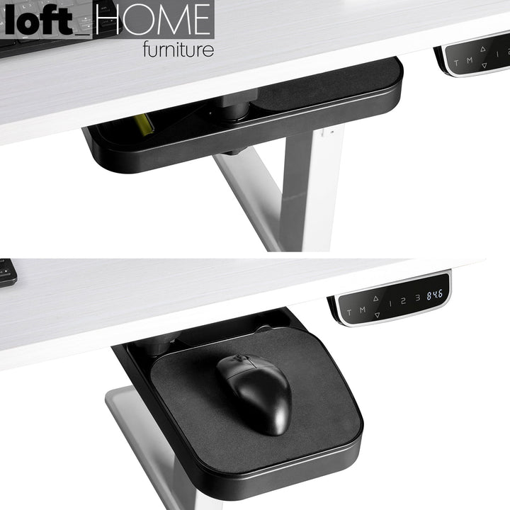 Modern plastic under desk swivel storage tray with mouse platform decor in panoramic view.