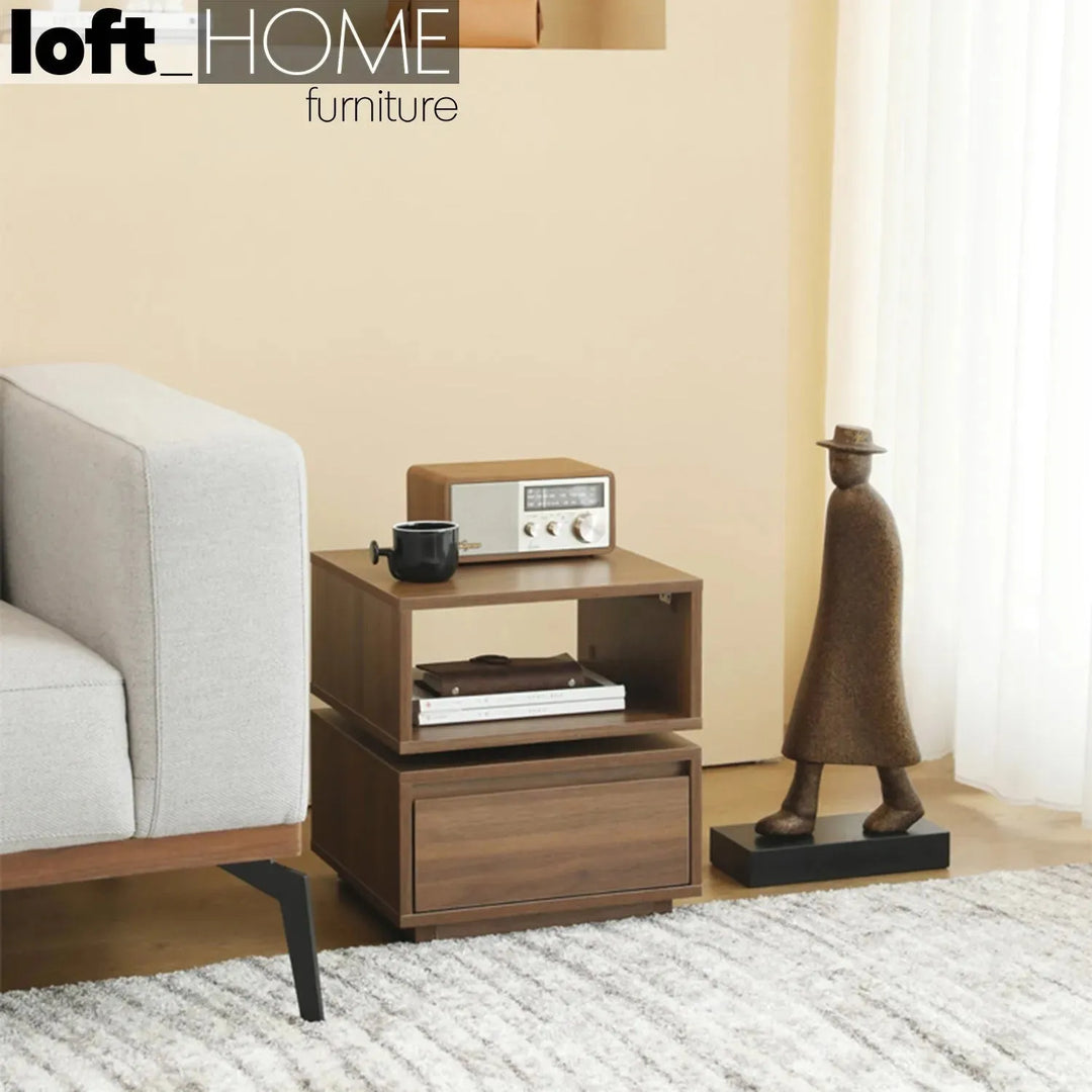 Modern plywood revolving side table jana in panoramic view.