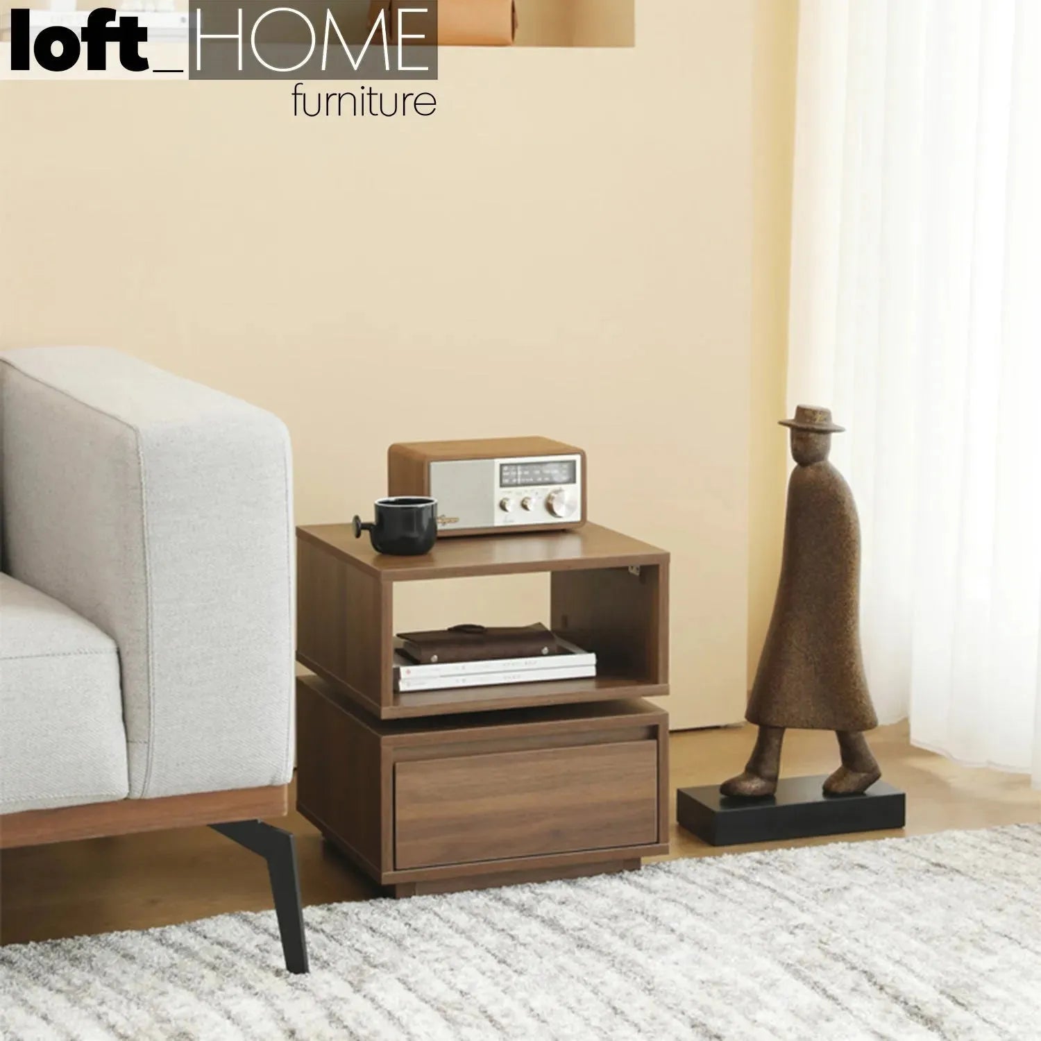 Modern plywood revolving side table jana in panoramic view.