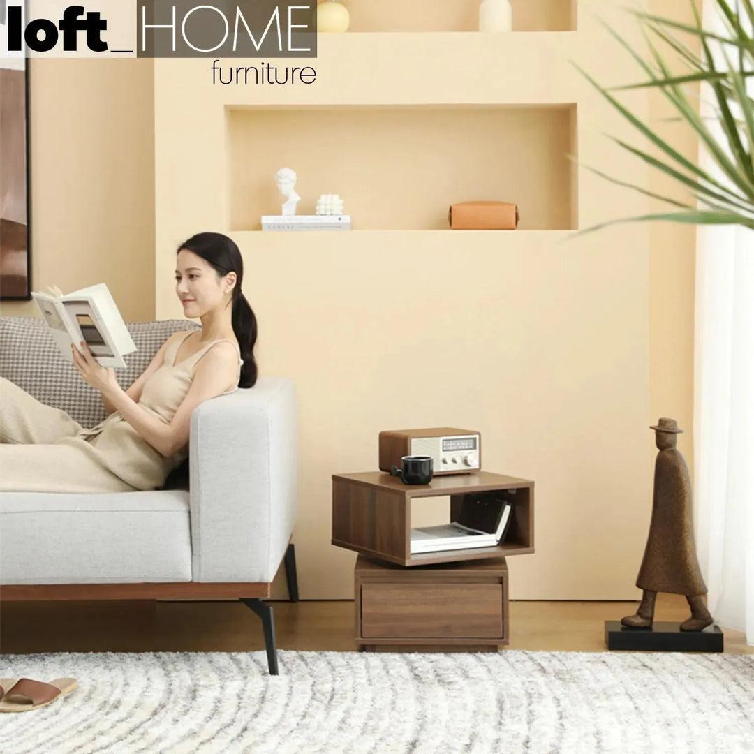 Modern plywood revolving side table jana in close up details.