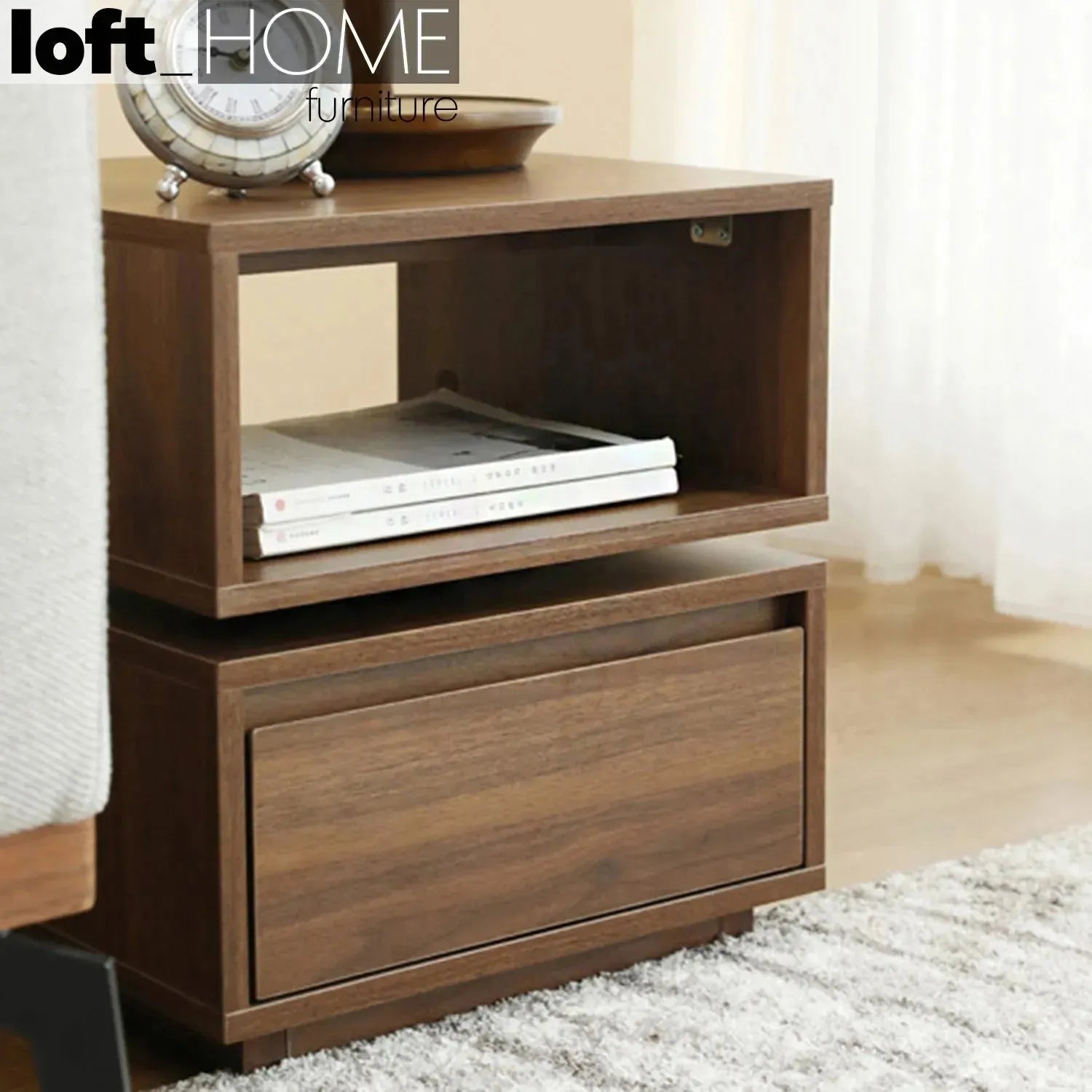 Modern plywood revolving side table jana in still life.