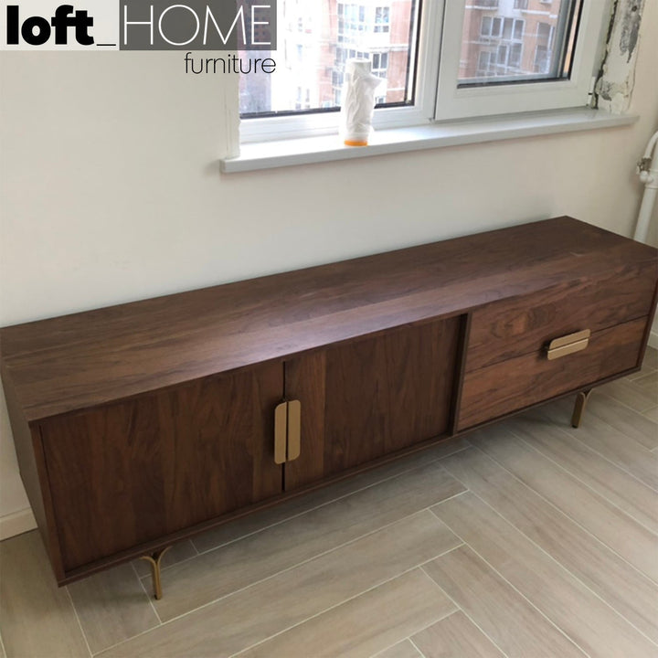Modern plywood tv console greta in panoramic view.