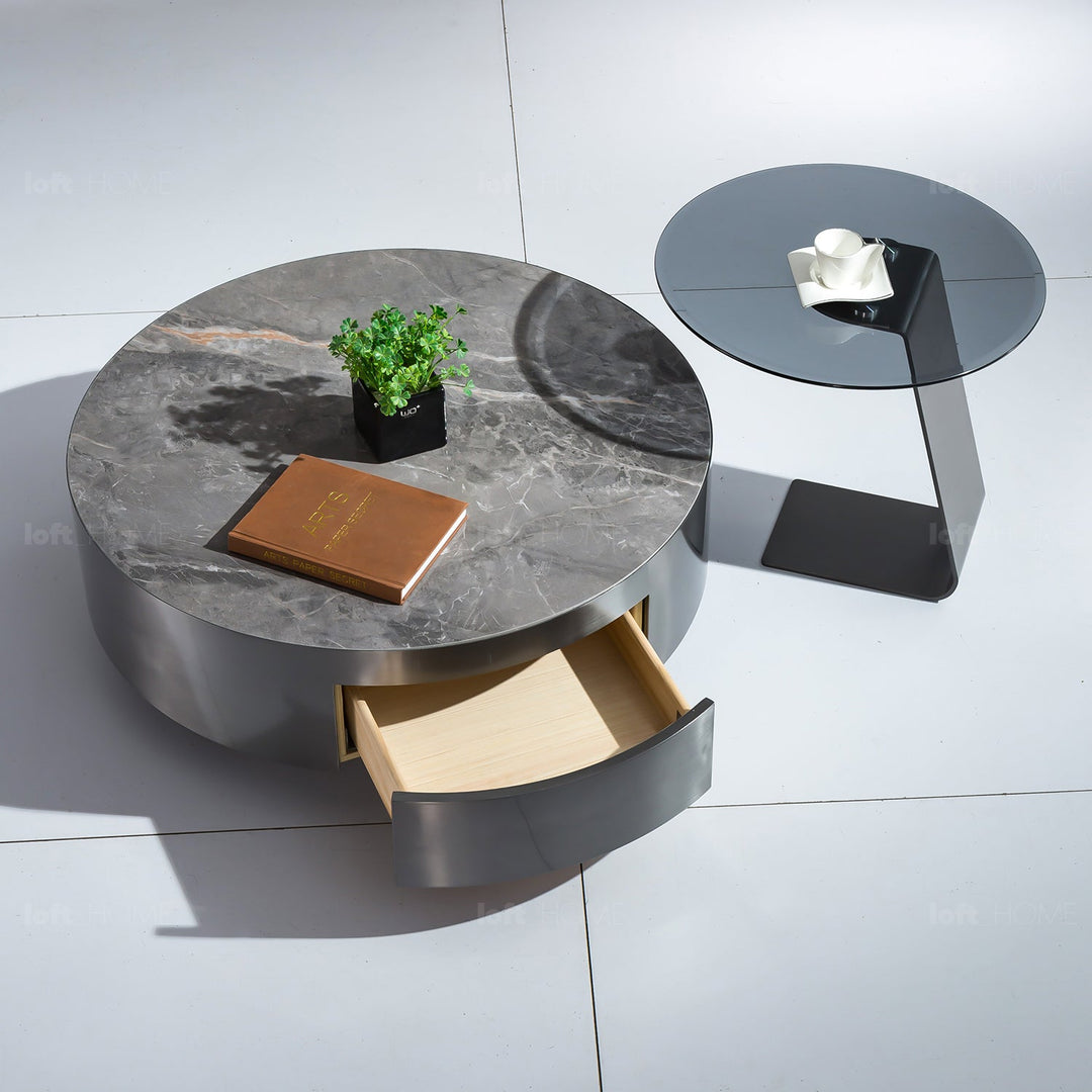 Modern sintered stone coffee table 2pcs set bonis grey with context.