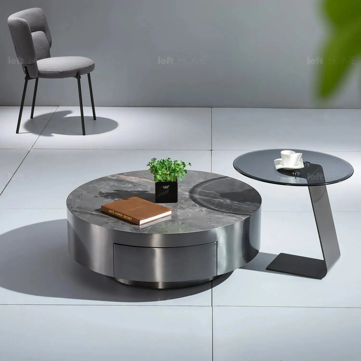 Modern sintered stone coffee table 2pcs set bonis grey color swatches.