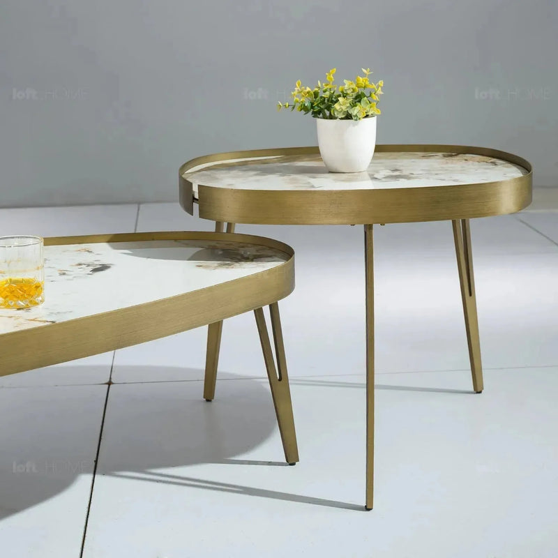 Modern sintered stone coffee table 2pcs set lumiere bronze in panoramic view.