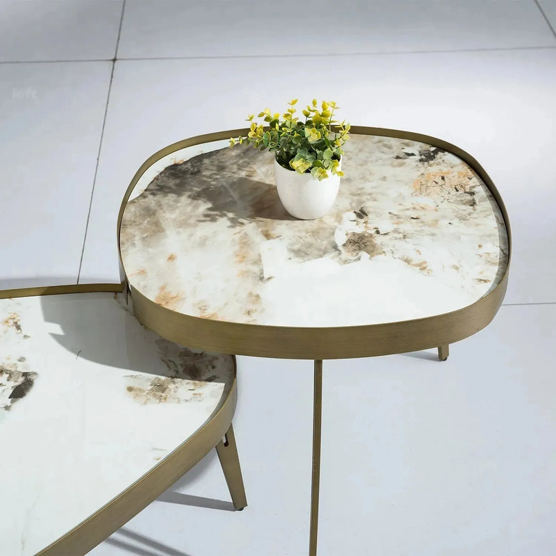 Modern sintered stone coffee table 2pcs set lumiere bronze in close up details.