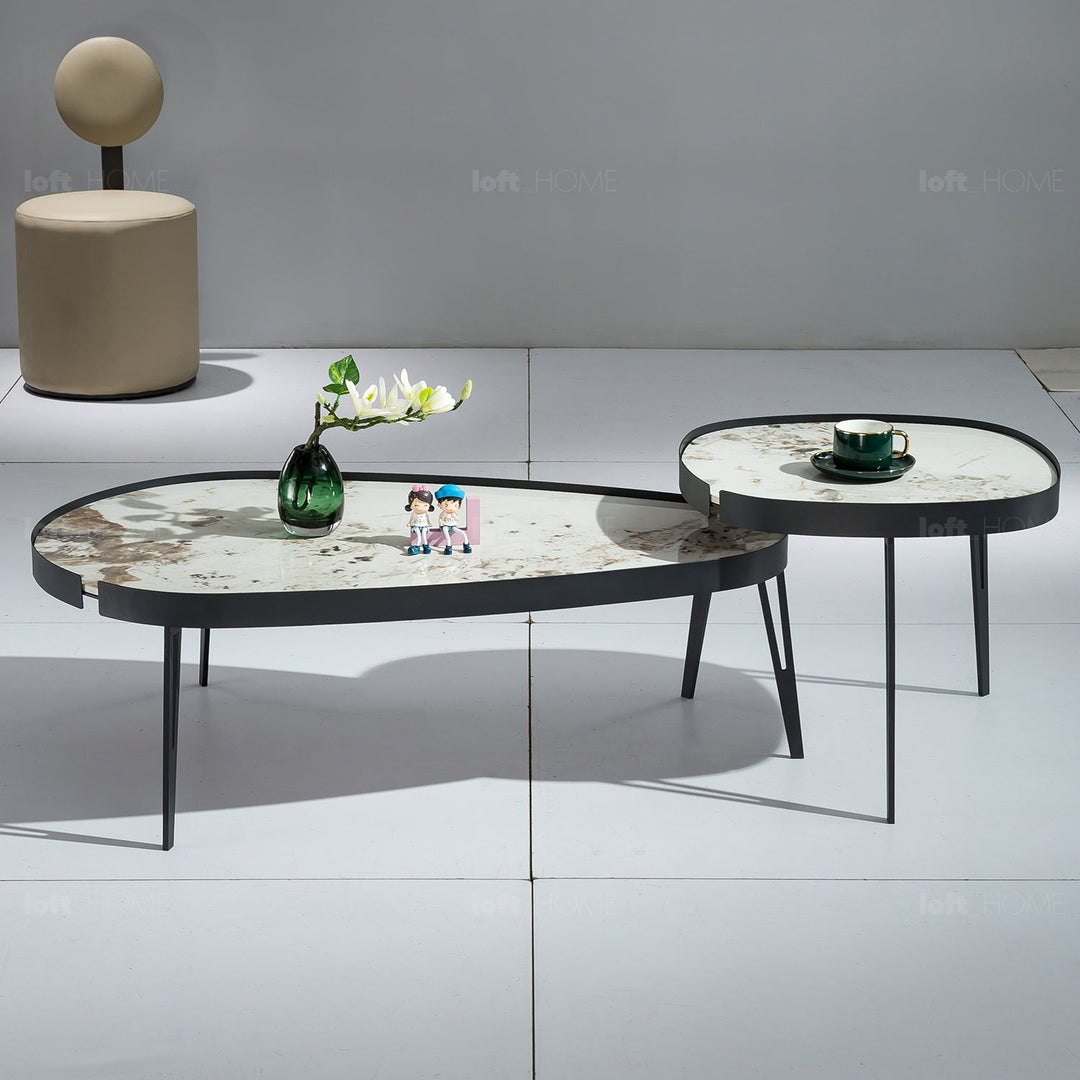 Modern sintered stone coffee table 2pcs set lumiere carbon with context.
