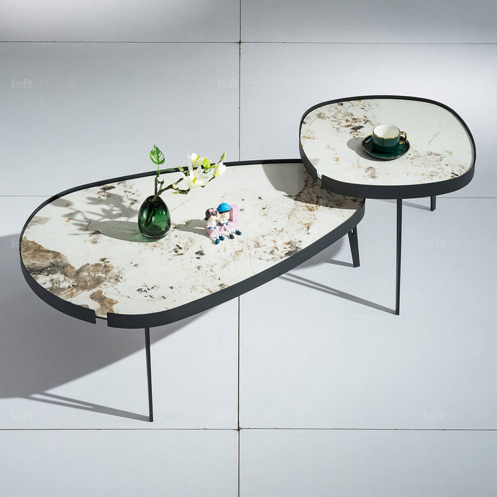 Modern sintered stone coffee table 2pcs set lumiere carbon in details.