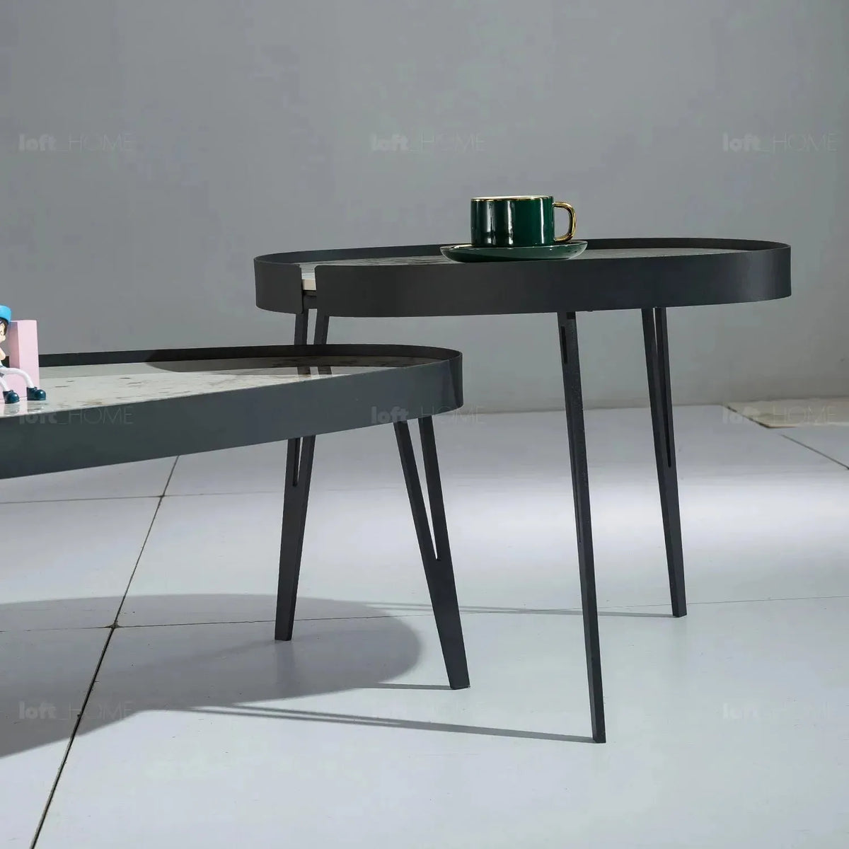 Modern sintered stone coffee table 2pcs set lumiere carbon in panoramic view.