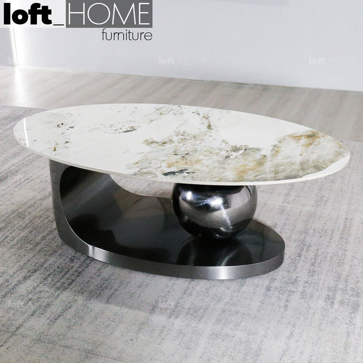 Modern sintered stone coffee table globe black with context.