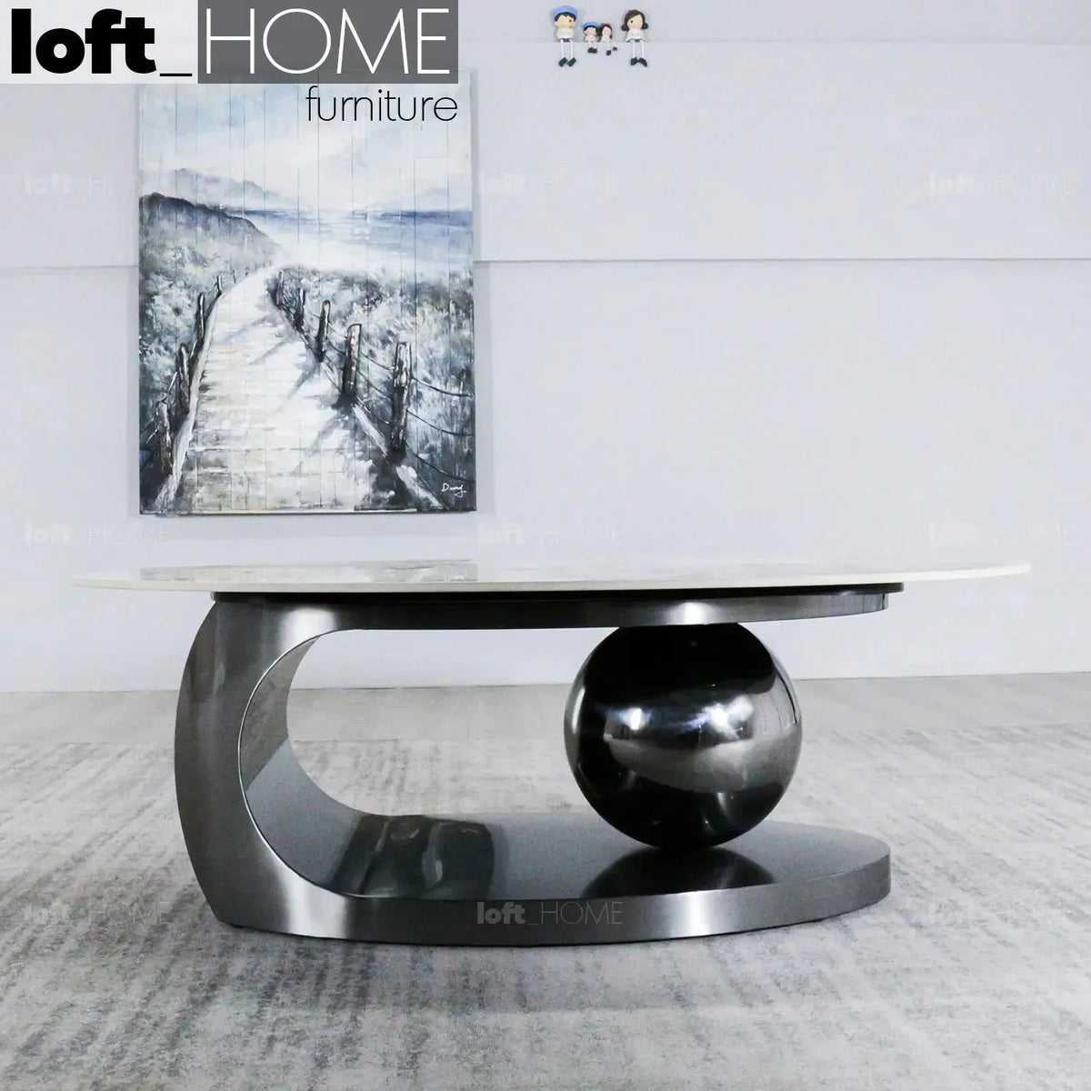 Modern sintered stone coffee table globe black with context.