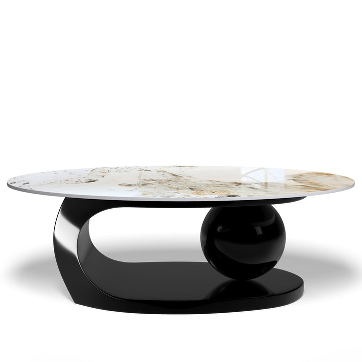 Modern sintered stone coffee table globe black in white background.