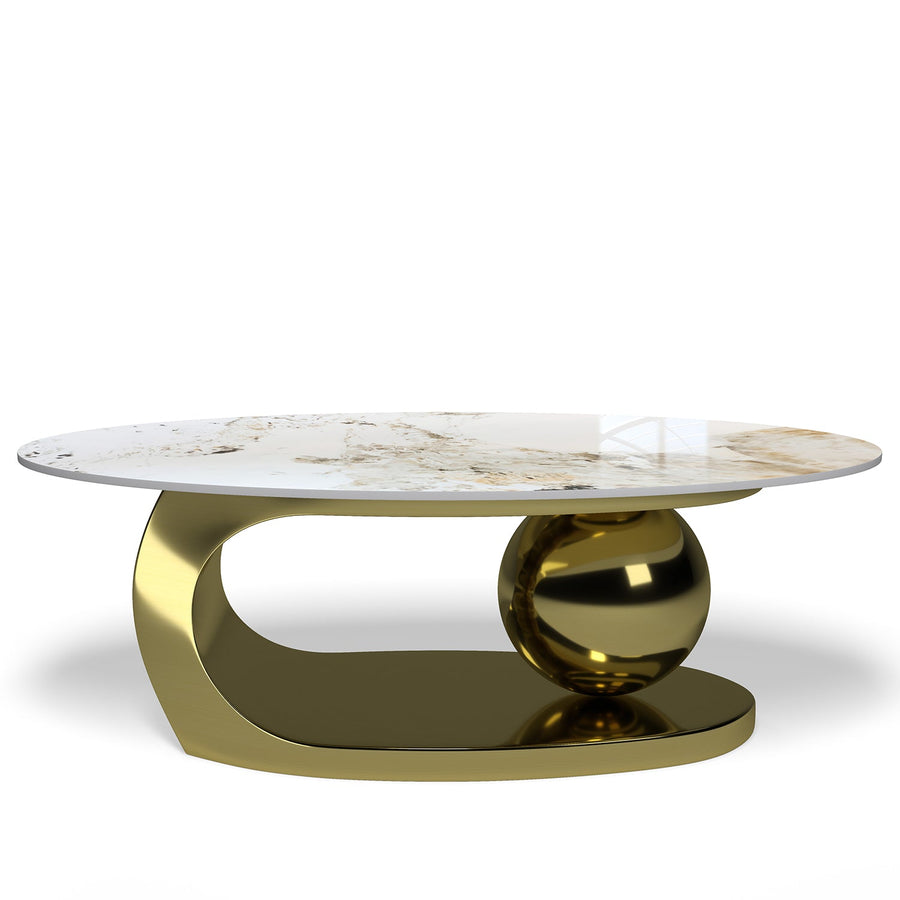 Modern sintered stone coffee table globe gold in white background.