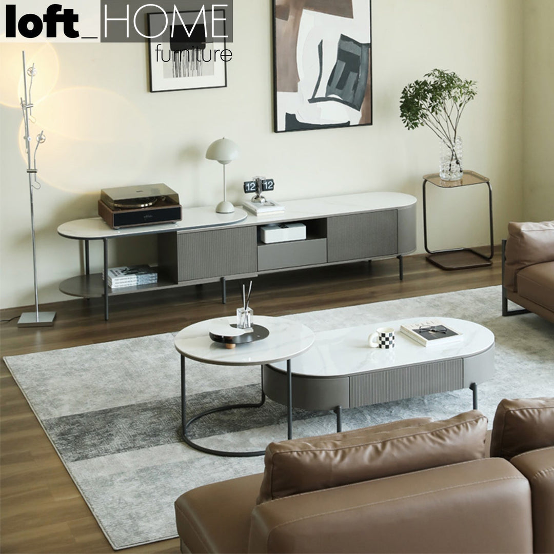 Modern sintered stone coffee table rosa in panoramic view.