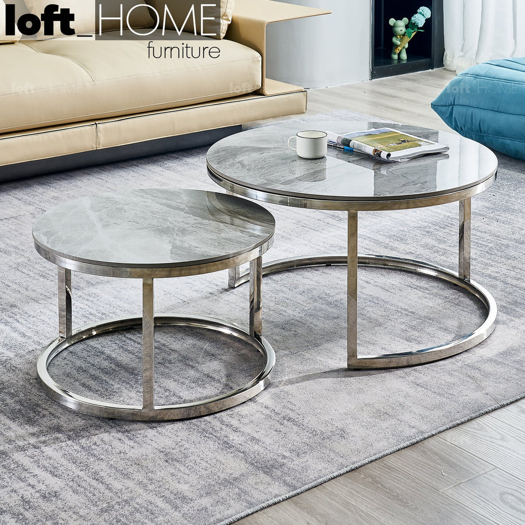 Modern sintered stone coffee table silver primary product view.