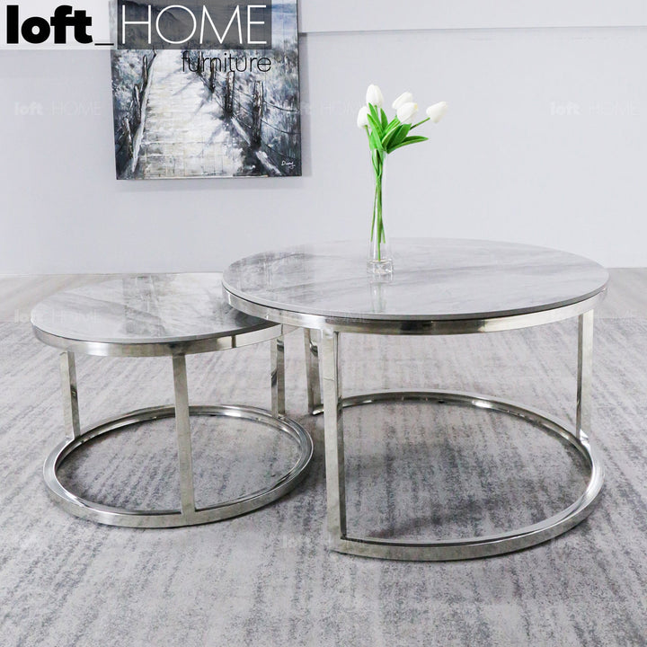 Modern sintered stone coffee table silver with context.