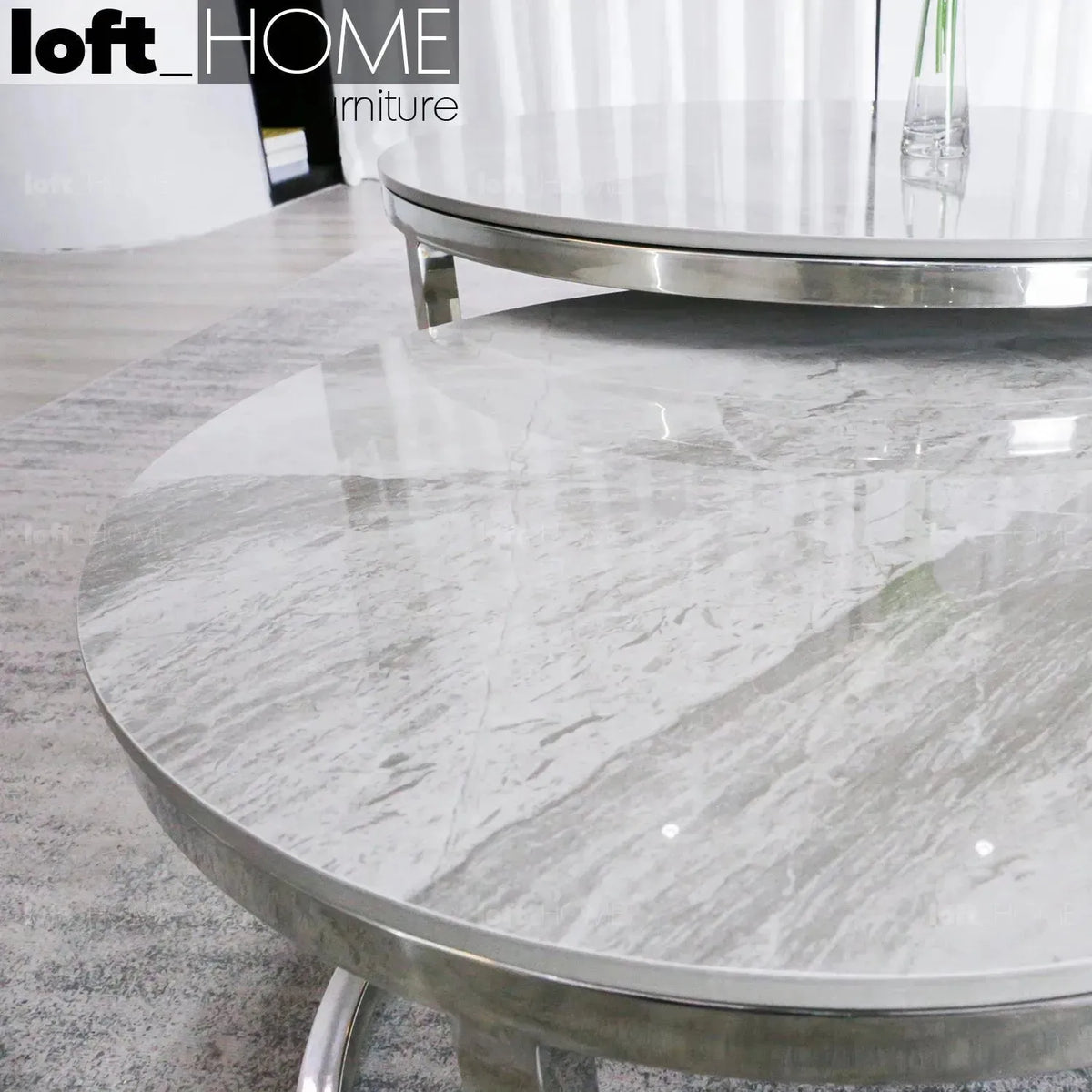 Modern sintered stone coffee table silver in close up details.