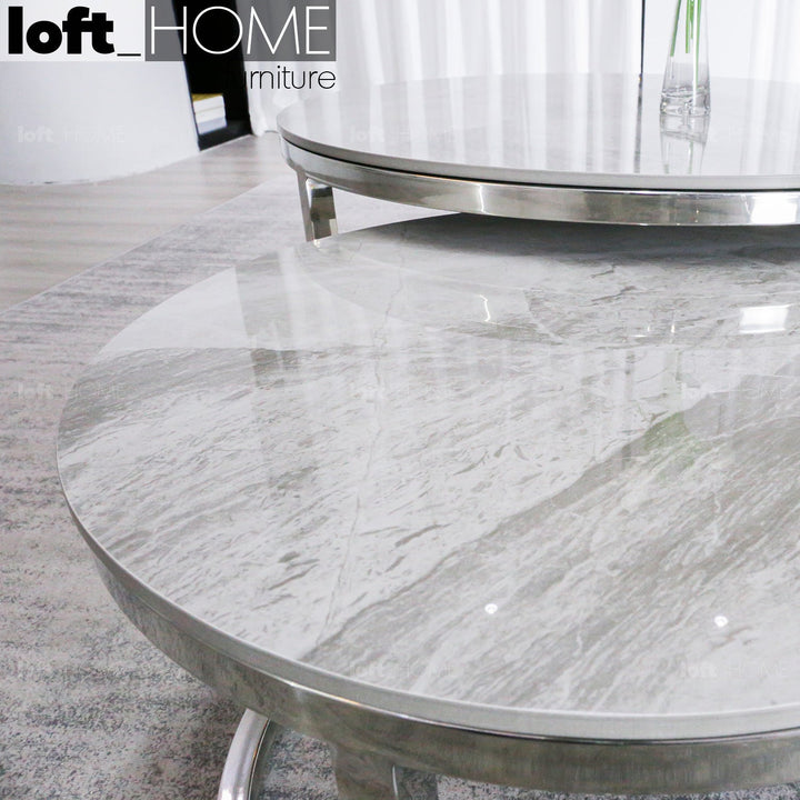 Modern sintered stone coffee table silver in panoramic view.