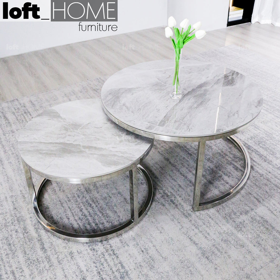 Modern sintered stone coffee table silver in details.