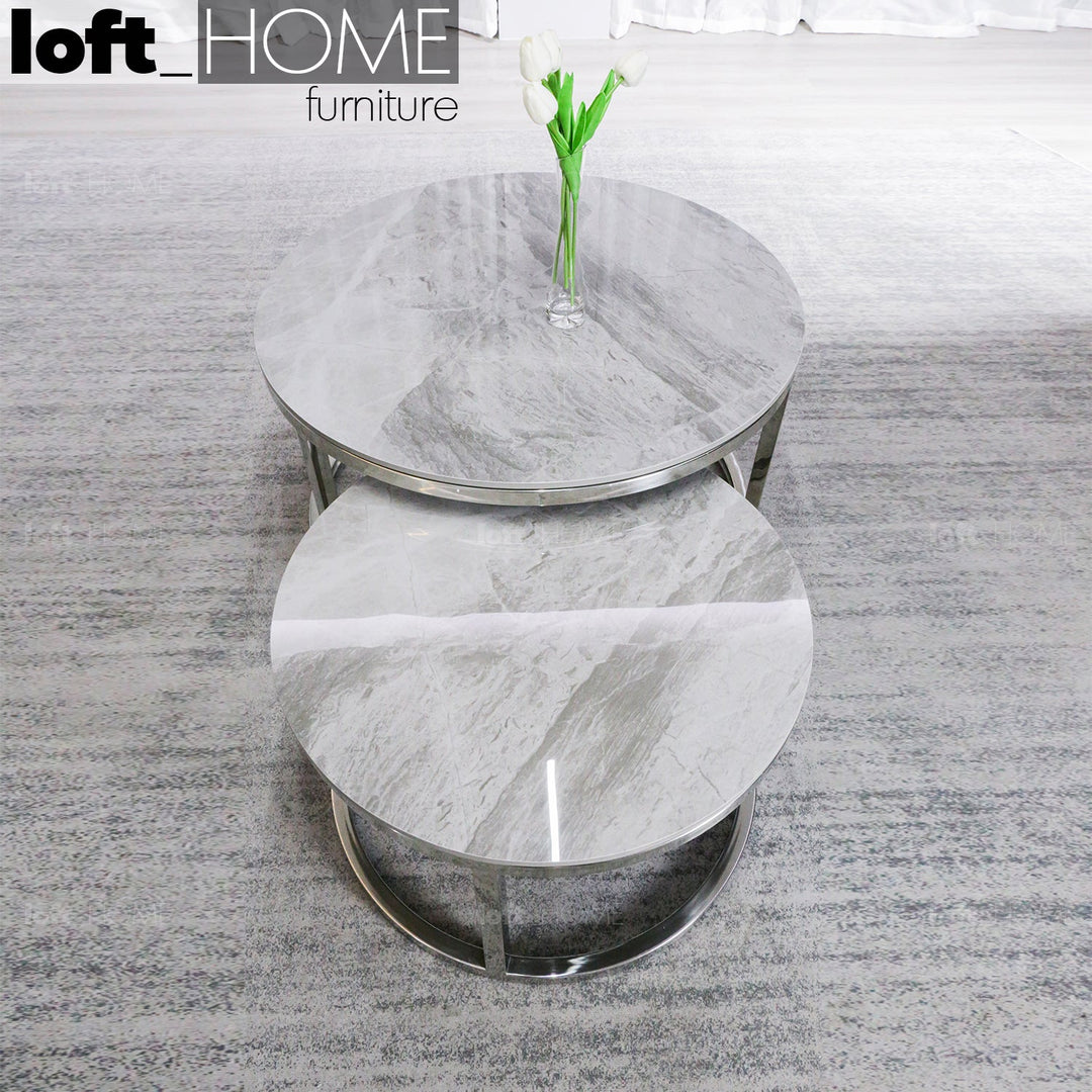 Modern sintered stone coffee table silver in close up details.