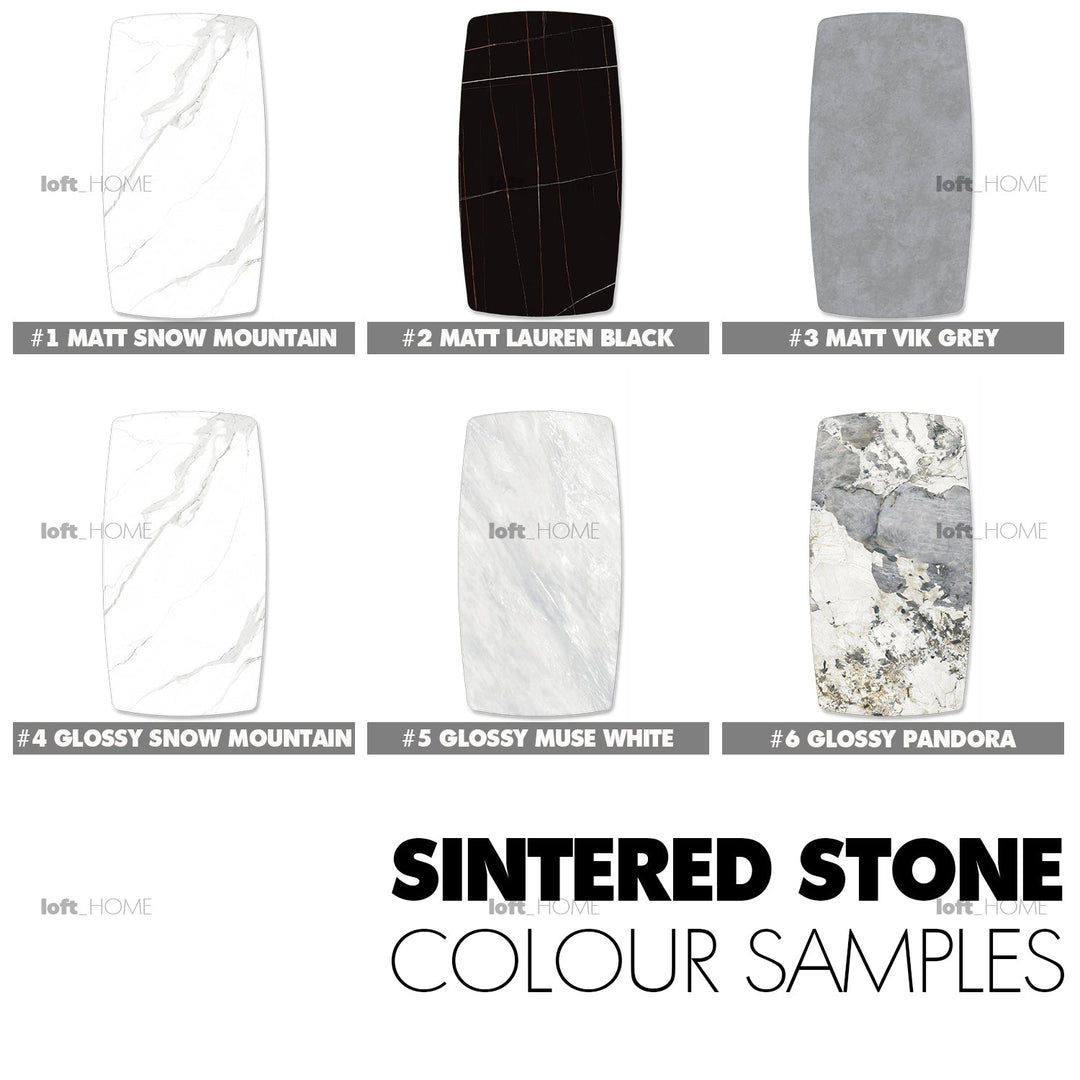 Modern sintered stone dining table blake color swatches.